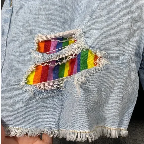 Overall Shorts Womens Medium Blue Denim Jeans Rainbow Details Festival Casual - Picture 7 of 15